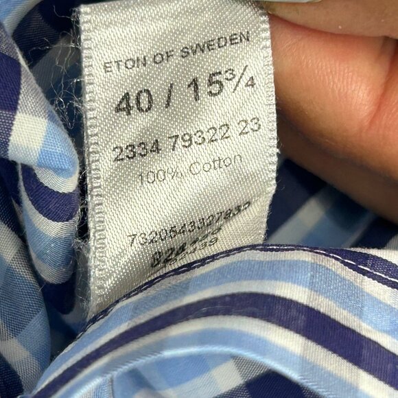 Eton Dress Shirt Mens EU 40  US 15 3/4 Contemporary Fit Blue Plaid Contrast Trim - Picture 14 of 15